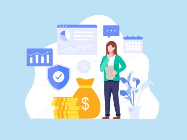 Yatırım ve Finans konsepti. Başarılı bir finans sektöründe çalışan ve büyüyen bir kadın. İnsanlar ve yatırım için iş konsepti. Yatırım planları ve stratejileri. Düz biçimli vektör illüstrasyonu