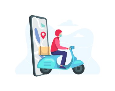 Mobiletle hızlı teslimat. Çevrimiçi servis konsepti, çevrimiçi yemek ya da pizza siparişi ve paketleme kutusu. Kurye salgın sırasında paketleri güvenli bir şekilde teslim eder. Düz biçimli vektör