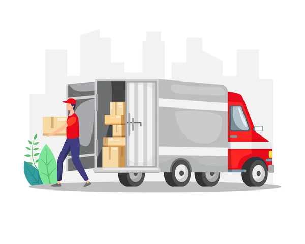 卡车司机送来包裹 快递员拿着装有送货卡车的包裹 货物转运服务的概念 送货服务的概念 电子商务 矢量呈扁平型 — 图库矢量图片