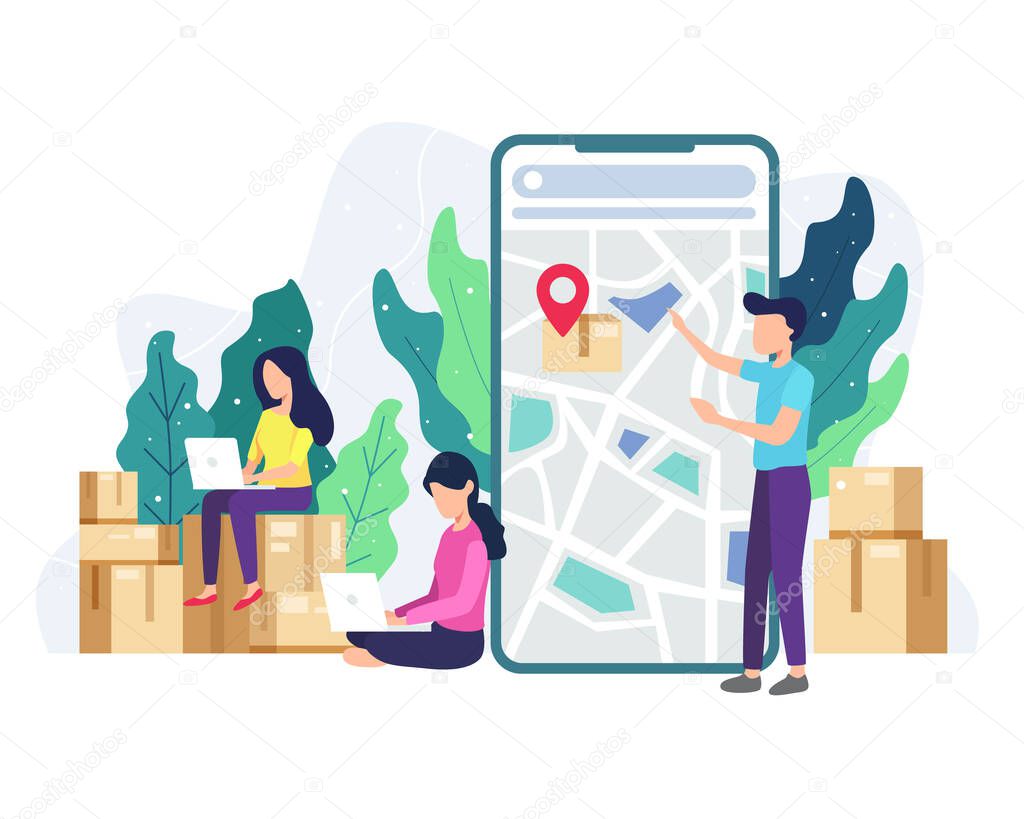 Vector illustration Delivery tracking concept. People tracking the package being sent. Online service delivery, Concept of free, fast delivery, shipping. Vector illustration in a flat style