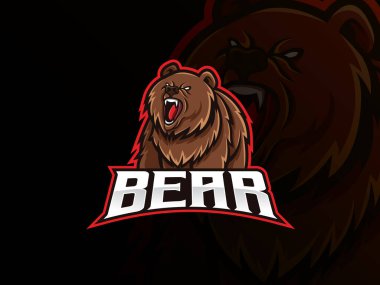 Ayı maskotu esport logosu tasarımı. Ayı hayvan maskotu vektör illüstrasyon logosu. Vahşi boz ayı maskotu, Esport takımı için amblem tasarımı. Vektör illüstrasyonu
