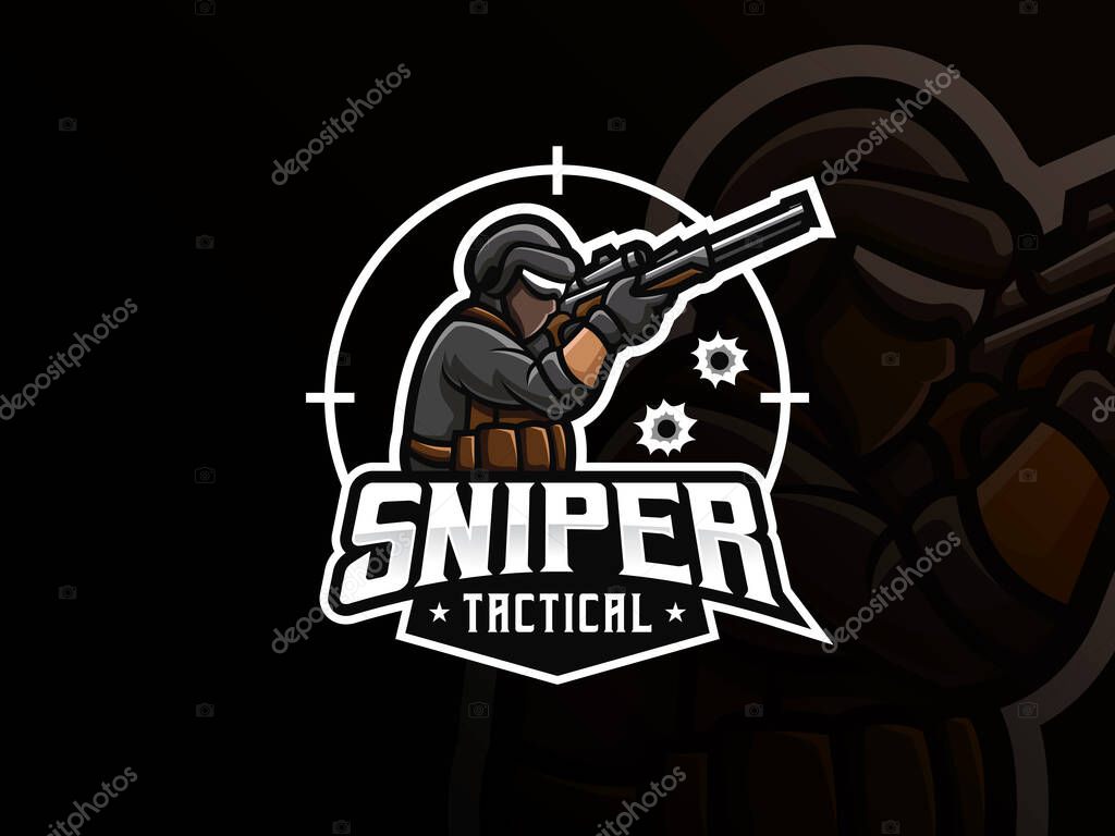 Sniper mascot sport logo design. Army mascot vector illustration logo. Tactical sniper mascot, Emblem design for esports team. Vector illustration