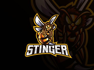 Arı maskotu spor logosu tasarımı. Arı hayvan maskotu vektör çizim logosu. Yabanarısı maskotu, Esport takımı için amblem tasarımı. Vektör illüstrasyonu
