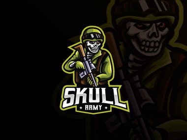 Kafatası Askeri Maskot Spor Logosu Tasarımı. Zombi ordusu maskotu vektör çizim logosu. Ölüm ordusu maskotu tasarımı, Esport takımı için amblem tasarımı. Vektör illüstrasyonu