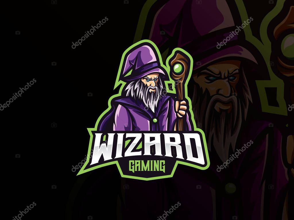 Wizard mascot sport logo design. Mystic wizard mascot vector illustration logo. Warlock mascot design, Emblem design for esports team. Vector illustration