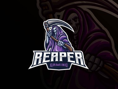 Azrail maskotu spor logosu tasarımı. Ölüm kötü maskotu vektör çizim logosu. Reaper maskot tasarımı, Esports takımı için amblem tasarımı. Vektör illüstrasyonu