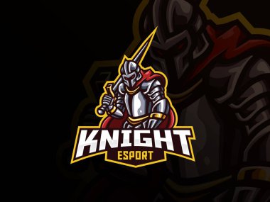 Şövalye maskotu spor logosu tasarımı. Demir Şövalye maskotu vektör çizim logosu. Savaşçı maskot tasarımı, esport takımı için amblem tasarımı. Vektör illüstrasyonu