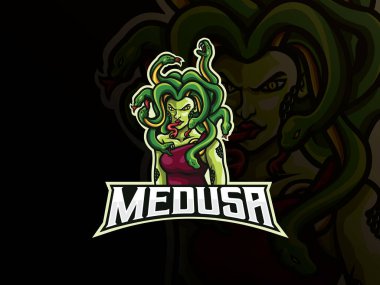 Medusa maskot spor logosu tasarımı. Canavar mitolojisi maskot vektör çizim logosu. Medusa maskot tasarımı efsanesi, Esport takımı için amblem tasarımı. Vektör illüstrasyonu