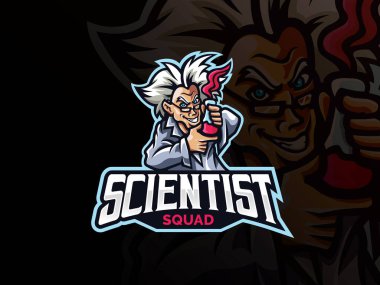 Bilim adamı maskot spor logosu tasarımı. Çılgın bilim adamı maskot vektör çizim logosu. Çılgın doktor bilim adamı maskot tasarımı, esport takımı için amblem tasarımı. Vektör illüstrasyonu