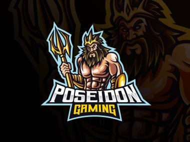 Poseidon maskot spor logosu tasarımı. Mitoloji pozeidon maskot vektör çizim logosu. Poseidon maskot tasarımı, üç dişli bir silah, esport takımı için amblem tasarımı. Vektör illüstrasyonu