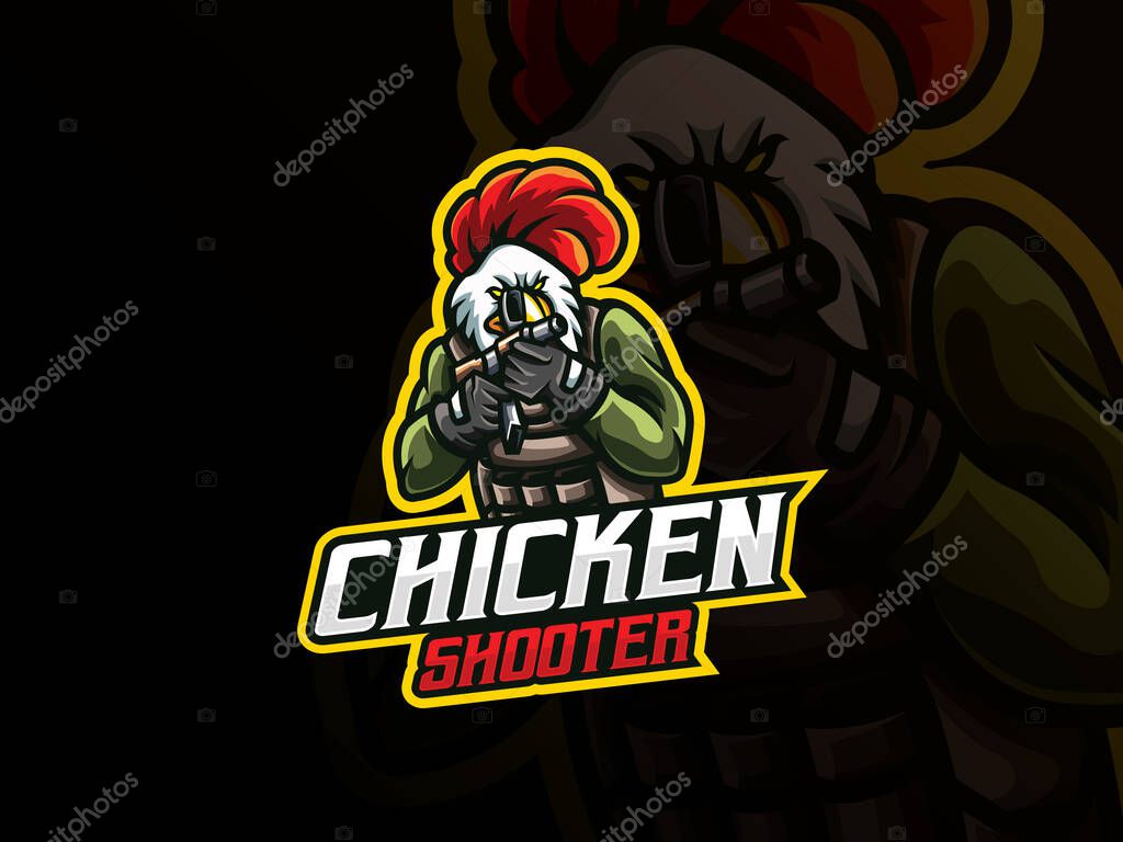 Rooster mascot sport logo design. Chicken army mascot vector illustration logo. Rooster gunner mascot design, Emblem design for esports team. Vector illustration
