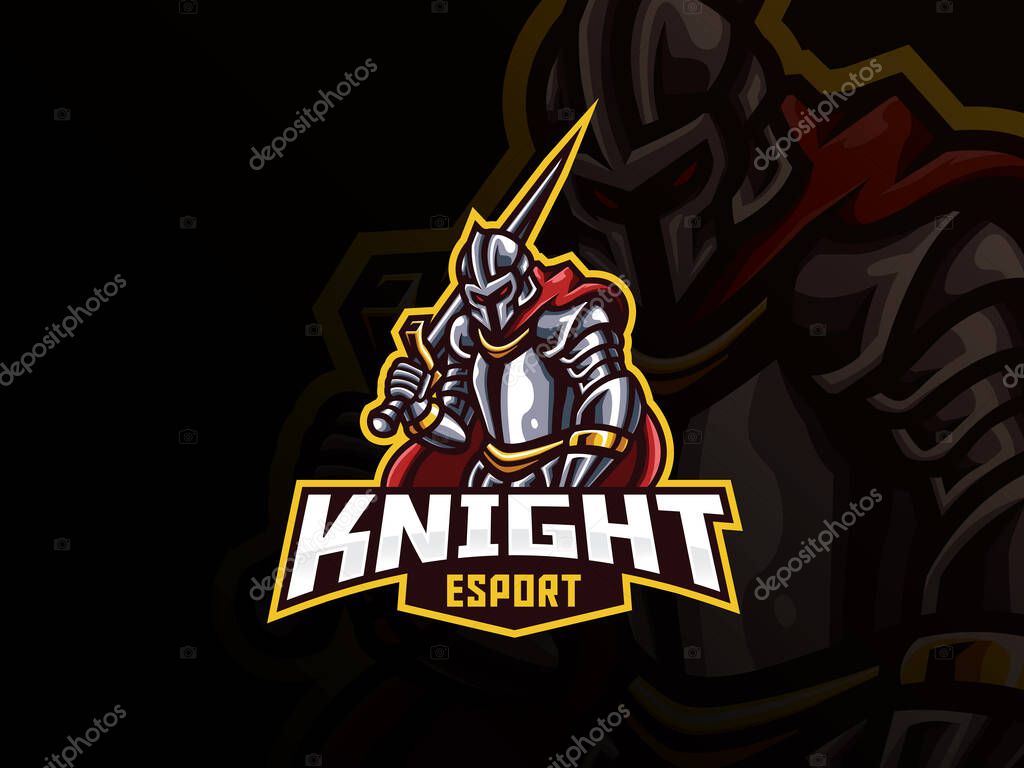 Knight mascot sport logo design. Iron knight mascot vector illustration logo. Warrior mascot design, Emblem design for esports team. Vector illustration