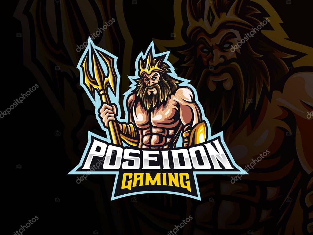 Poseidon mascot sport logo design. Mythology poseidon mascot vector illustration logo. Poseidon mascot design with trident weapon, Emblem design for esports team. Vector illustration
