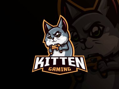 Kedi maskotu spor logosu tasarımı. Kedi oyunu maskotu vektör çizim logosu. Oyun alanıyla oyun oynayan kedi yavrusu, kumanda. Esport takımı için amblem tasarımı. Vektör illüstrasyonu