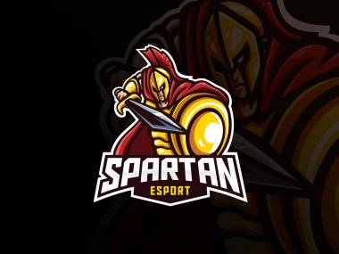 Spartalı maskot spor logosu tasarımı. Spartalı savaşçı maskot vektör çizim logosu. Gladyatör maskot tasarımı, Esport takımı için amblem tasarımı. Vektör illüstrasyonu