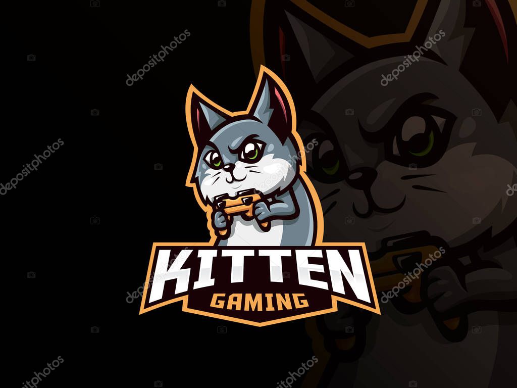 Cat mascot sport logo design. Cat gamer mascot vector illustration logo. Kitten playing game with gamepad, controller. Emblem design for esports team. Vector illustration
