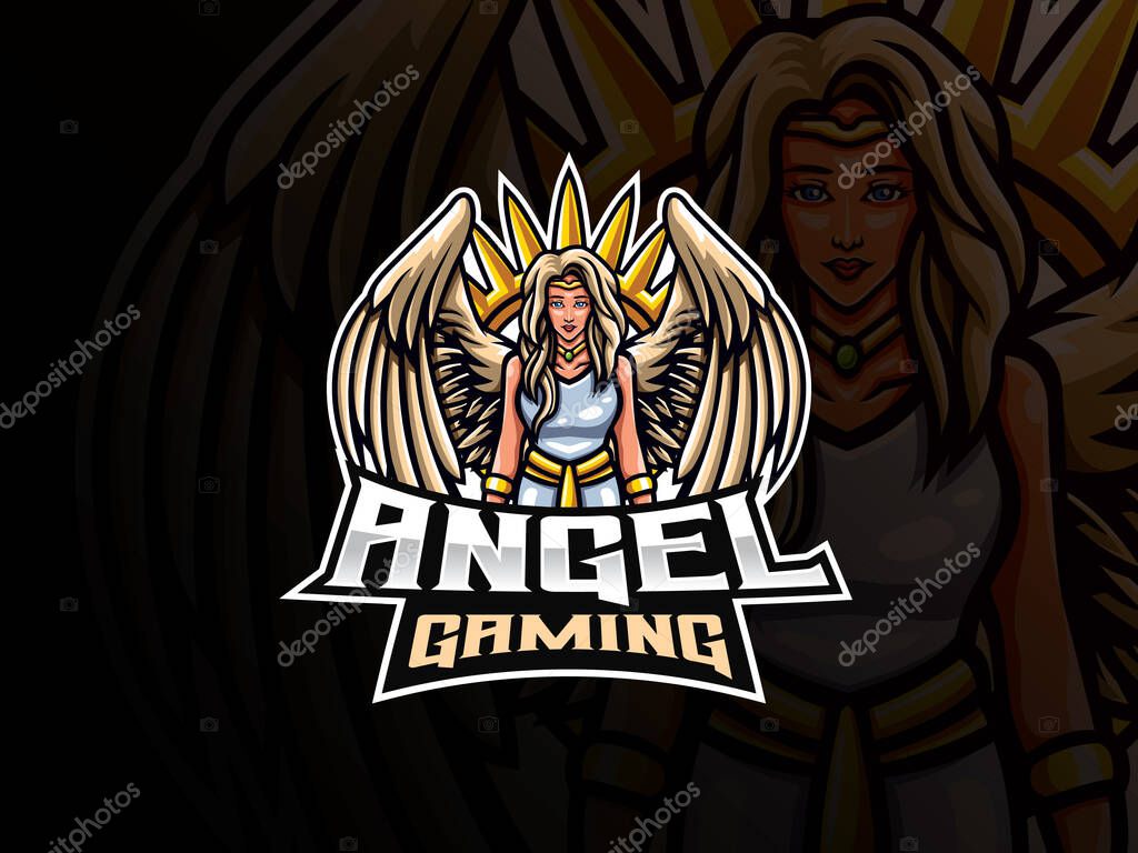 Angel mascot sport logo design. Guardian angel mascot vector illustration logo. Angel woman mascot design, Emblem design for esports team. Vector illustration