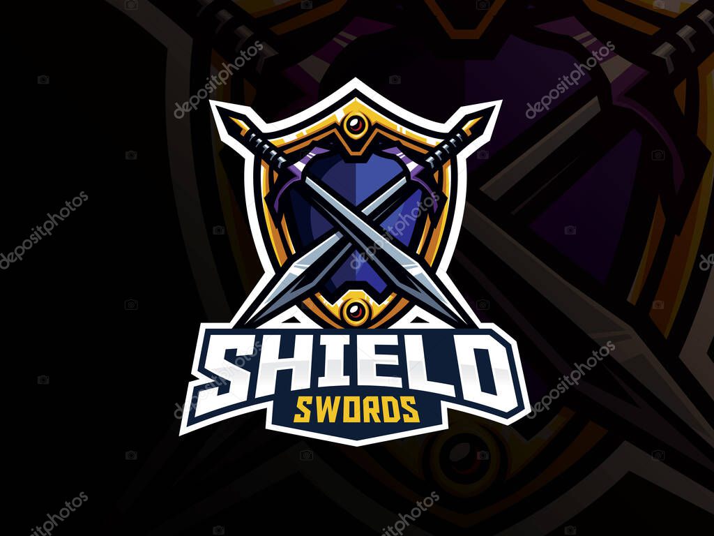 Shield and swords badge sport logo design. Warrior emblem vector illustration. Shield and weapon symbol design, Emblem design for esports team. Vector illustration
