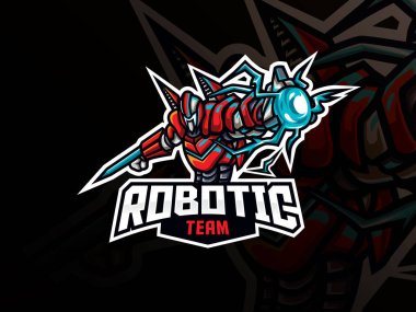 Robot maskot spor logosu tasarımı. Robot savaşçı hayvan maskotu vektör çizim logosu. Robot savaş maskotu tasarımı, Esport takımı için amblem tasarımı. Vektör illüstrasyonu