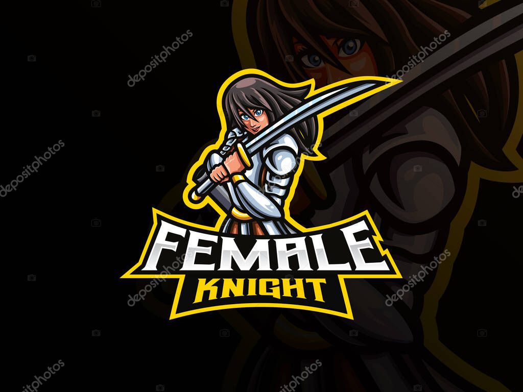 Knight mascot sport logo design. Female knight mascot vector illustration logo. Woman warrior mascot design with sword, Emblem design for esports team. Vector illustration