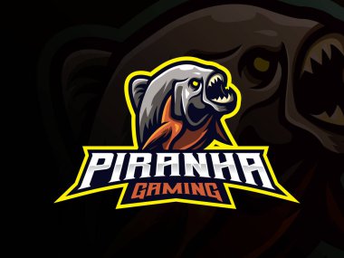 Pirana maskotu spor logosu tasarımı. Yırtıcı hayvan maskotu vektör çizim logosu. Vahşi pirana Amazon yırtıcı maskotu, Esport takımı için amblem tasarımı. Vektör illüstrasyonu