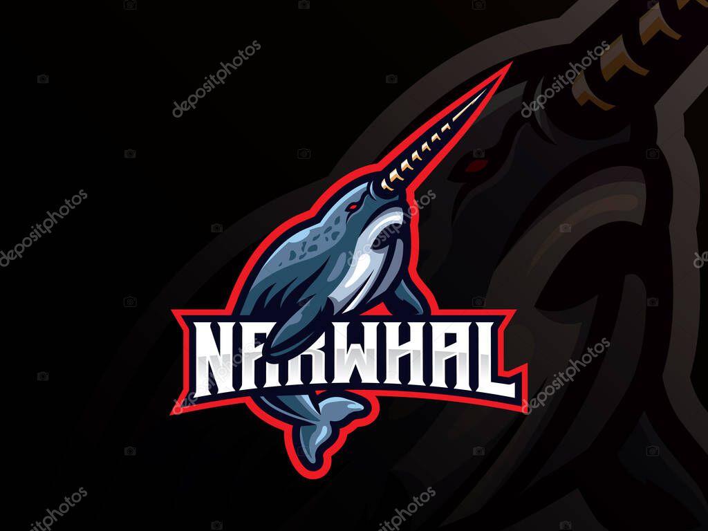 Narwhal mascot sport logo design. Marine life mascot vector illustration logo. Wild narwhal mascot design, Emblem design for esports team. Vector illustration