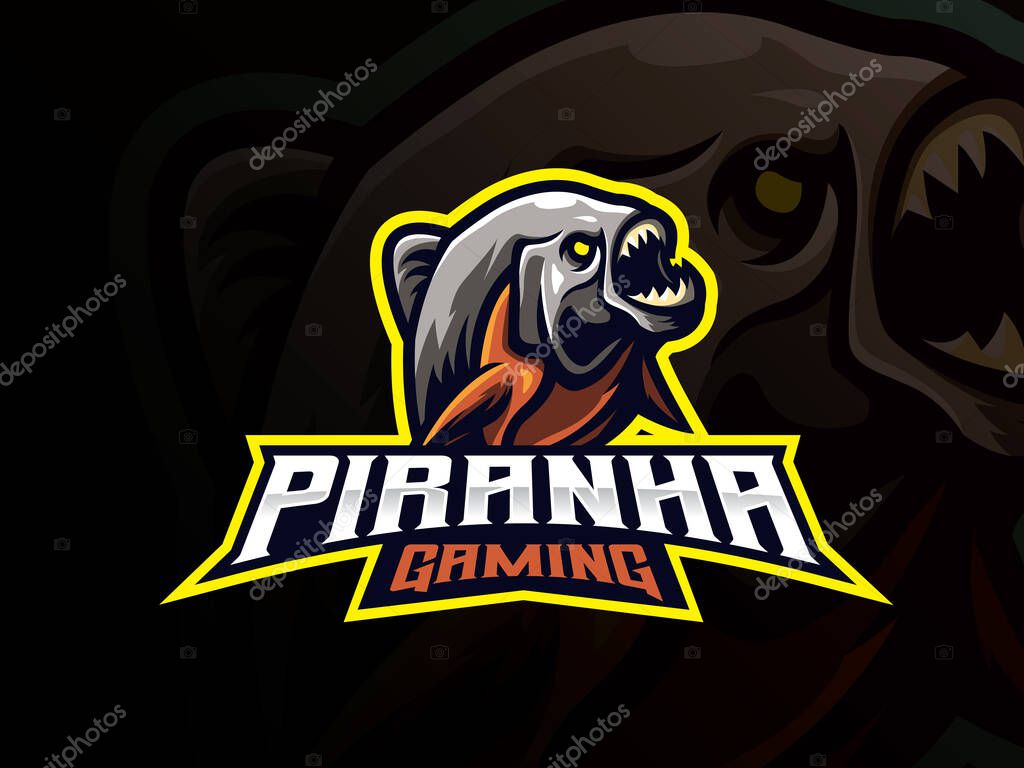 Piranha mascot sport logo design. Predator animal mascot vector illustration logo. Wild piranha amazon predator mascot, Emblem design for esports team. Vector illustration