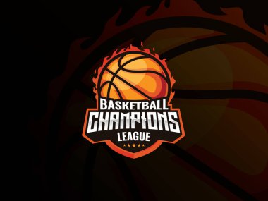 Basketbol sporu logosu tasarımı. Yanan vektör illüstrasyonunda basketbol. Basketbol şampiyonları ligi, spor takımı ve yarışma için Emblem tasarımı. Vektör illüstrasyonu