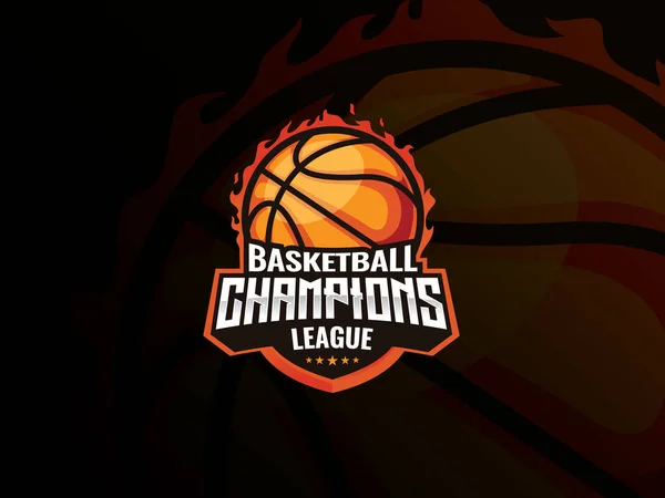 バスケットボールのスポーツロゴデザイン 火のベクトルイラストでバスケットボール バスケットボールのチャンピオンリーグ スポーツチームと競争のためのエンブレムデザイン ベクターイラスト — ストックベクタ