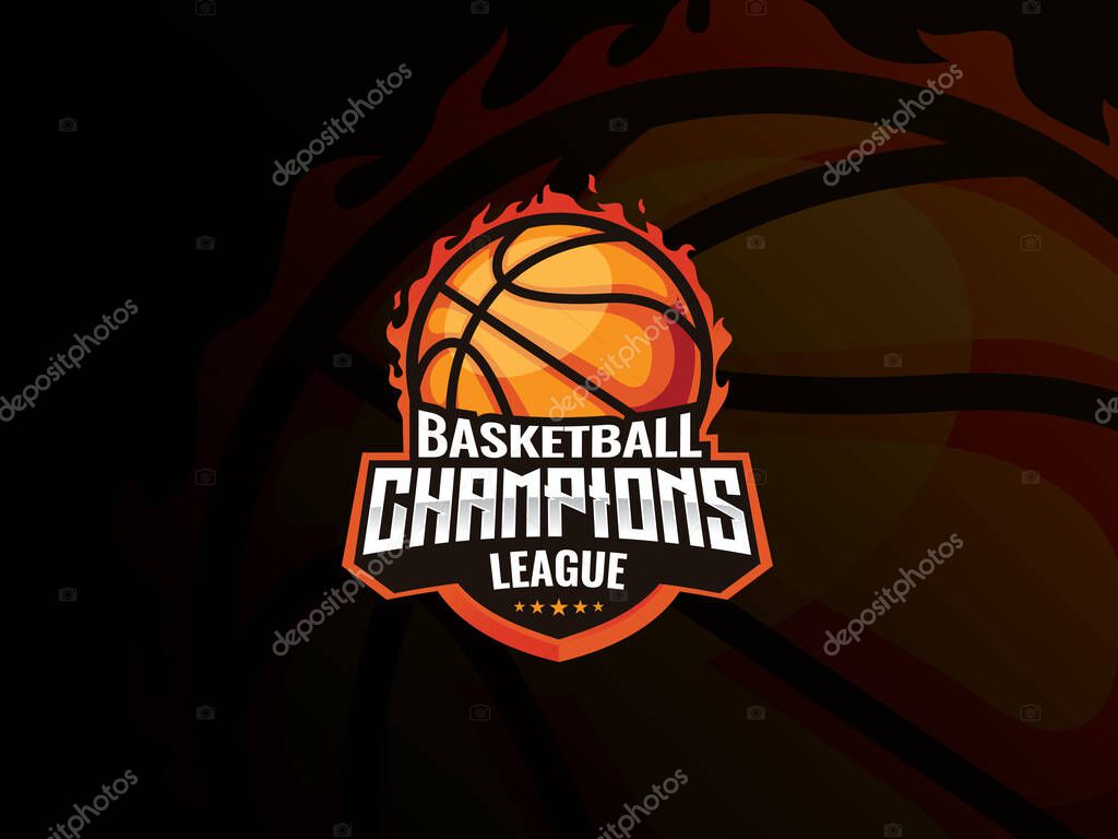 Basketball sport logo design. Basketball on fire vector illustration. Basketball champions league, Emblem design for sports team and competition. Vector illustration
