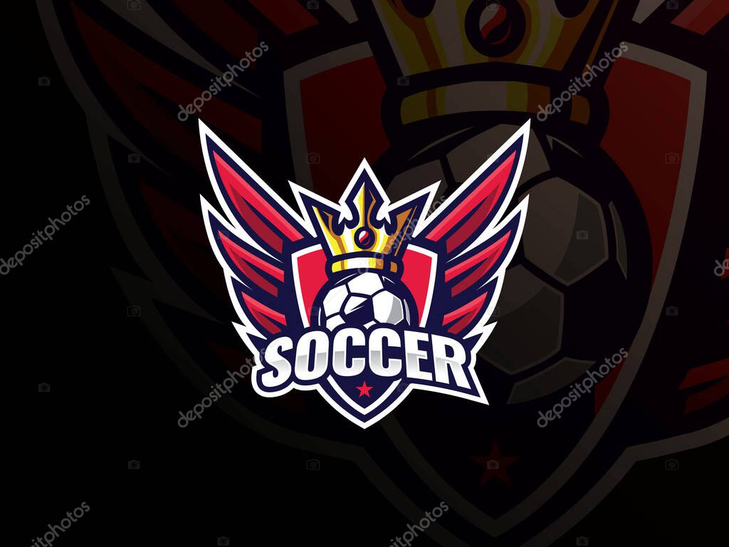 Soccer football sport logo design. Soccer logo or football club sign badge vector illustration. King of Football with wings and shield. Emblem design for sports team and competition