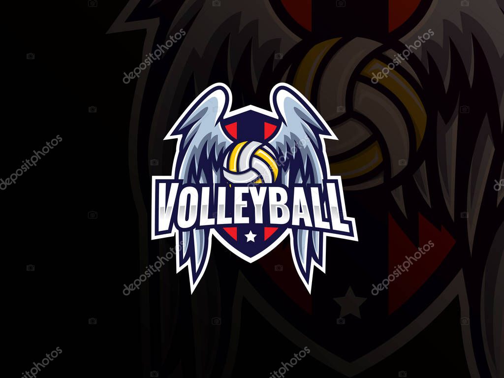 Volleyball sport logo design. Volleyball logo club sign badge vector illustration. Volleyball with wings and shield. Emblem design for sports team and competition