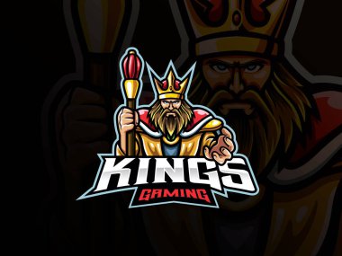 Kral maskotu spor logosu tasarımı. Ortaçağ taht maskotu vektör çizim logosu. Kraliyet kral maskotu tasarımı, Esports takımı için amblem tasarımı. Vektör illüstrasyonu
