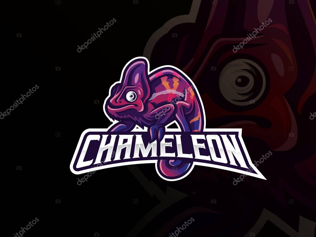 Chameleon mascot sport logo design. Exotic chameleon animal mascot vector illustration logo. Wild chameleon reptile mascot design, Emblem design for esports team. Vector illustration