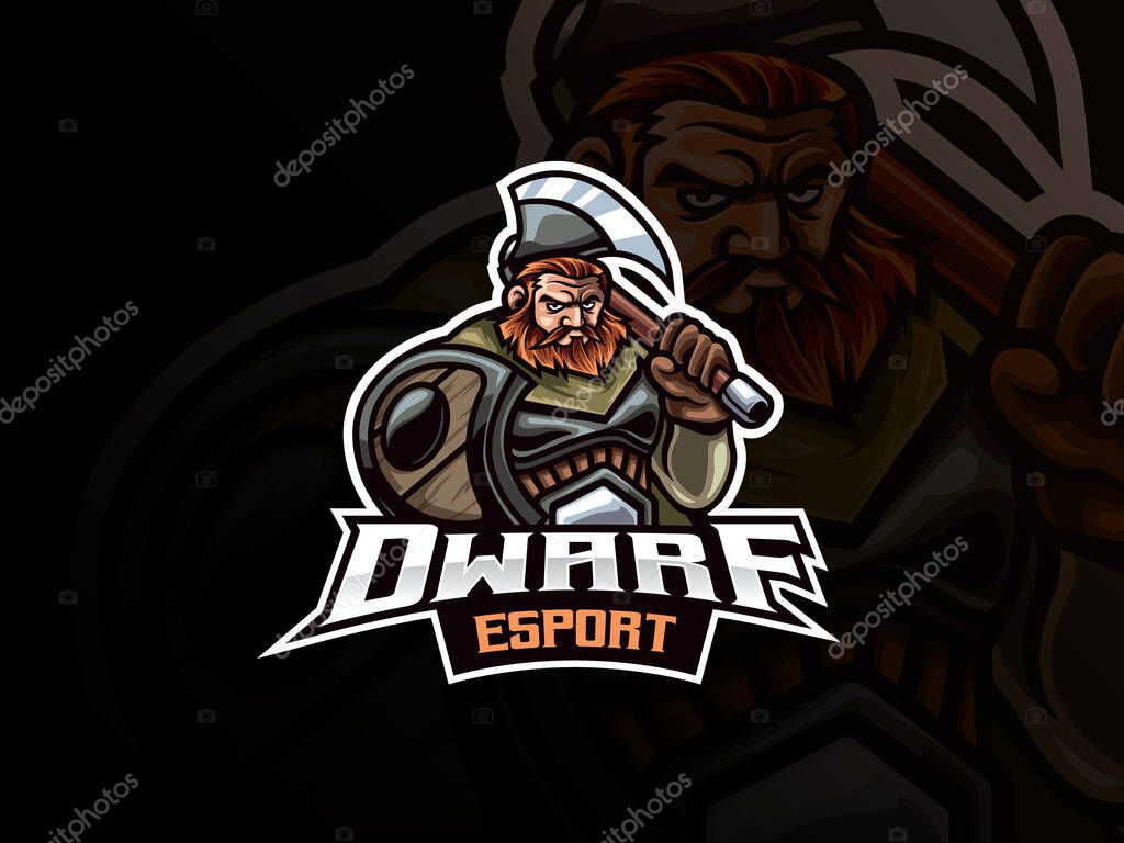 Dwarf warrior mascot sport logo design. Warrior mascot vector illustration logo. Mythology dwarf warrior mascot design, Emblem design for esports team. Vector illustration