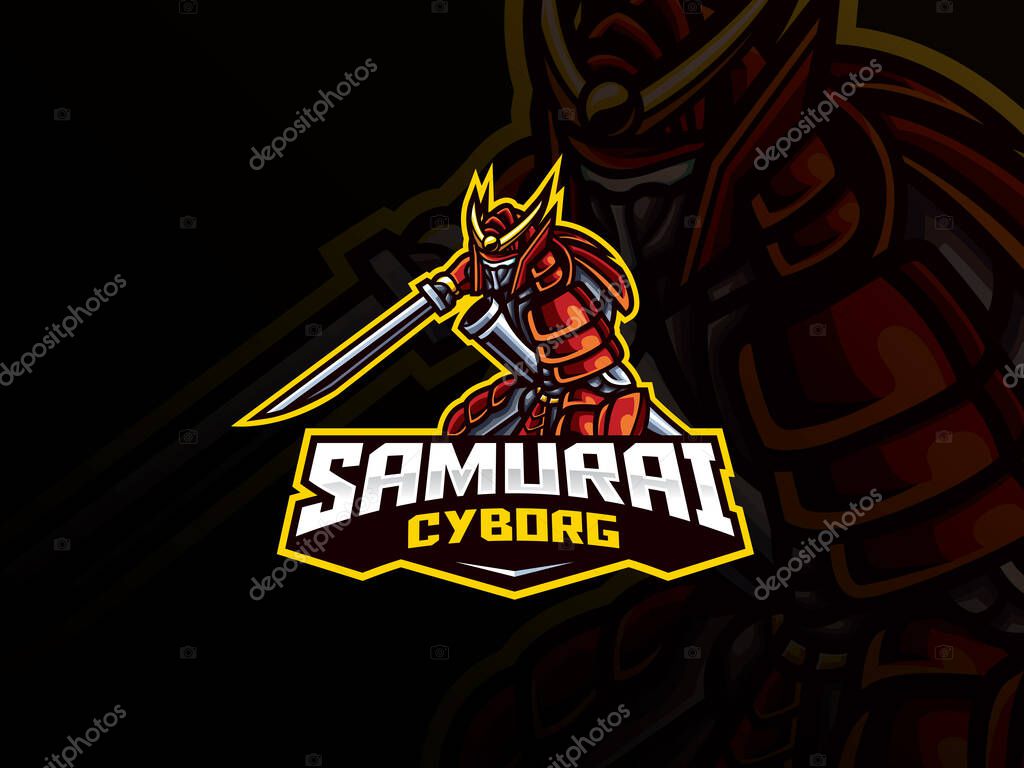Samurai mascot sport logo design. Vector illustration samurai mascot with sword katana. Samurai warrior mascot, Emblem design for esports team. Vector logo illustration