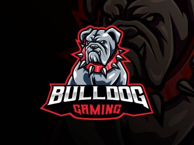 Bulldog maskot spor logosu tasarımı. Köpek kafası maskotu vektör çizim logosu. Vahşi bulldog maskotu tasarımı, esport takımı için amblem tasarımı. Vektör illüstrasyonu