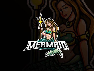 Deniz kızı maskot esport logosu tasarımı. Güzel deniz kızı maskot vektör çizim logosu. Denizkızı maskot tasarımı, Echports takımı için amblem tasarımlı bir mızrak taşıyor. Vektör illüstrasyonu