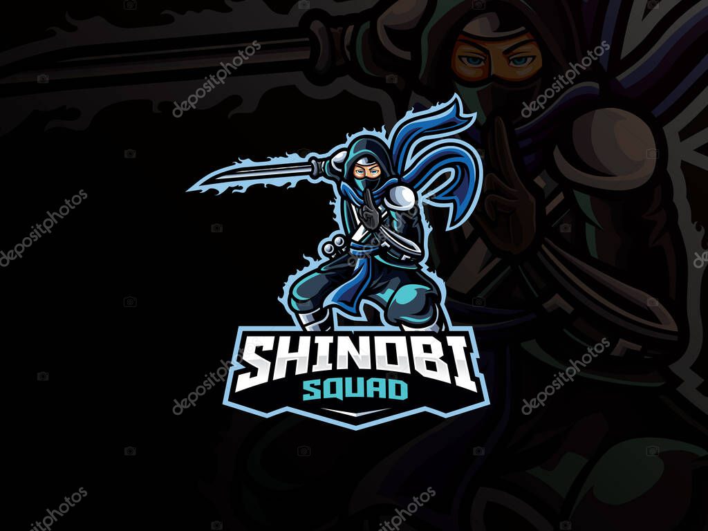 Shinobi mascot sport logo design. Vector illustration ninja mascot with katana. Shinobi warrior mascot, Emblem design for esports team. Vector logo illustration