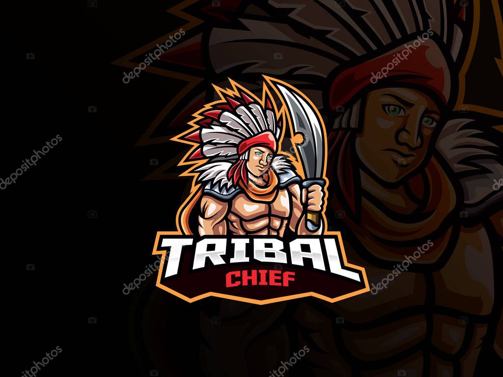 Tribal chief mascot esport logo design. Tribal warrior mascot vector illustration logo. Tribal chief mascot design with weapon, Emblem design for esports team. Vector illustration
