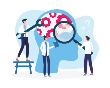 Zihinsel sağlık tıbbi tedavi vektör çizimi. Bozuk ruhsal sağlık psikolojik terapisi. Uzman doktor psikoloji terapisi için birlikte çalışıyor. Düz biçimli vektör