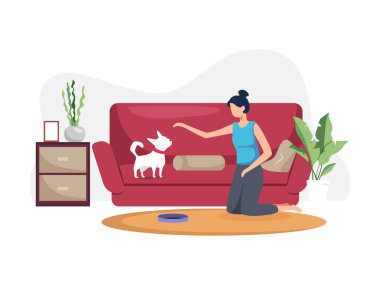 Köpeği evde olan genç bir kadın. Oturma odasında köpekle oynayan genç bir kadın. Kadın, evcil hayvanıyla vakit geçirir, köpekle oynayan bir kadının tasviri. Düz biçimli vektör
