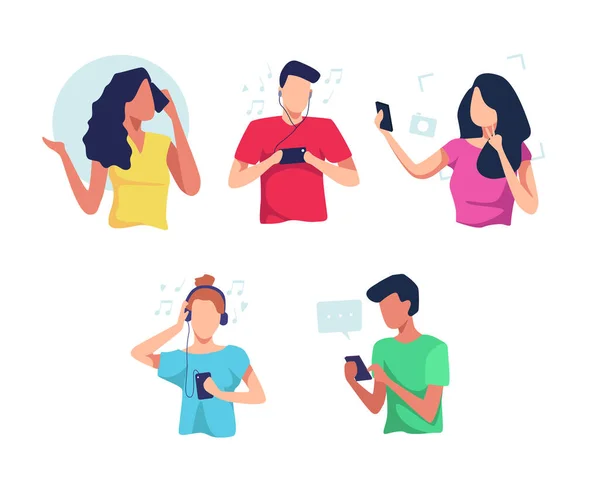 Emberek Okostelefonok Lapos Vektor Illusztráció Készlet Fiatalok Okostelefonokat Használnak Beszélgetnek — Stock Vector