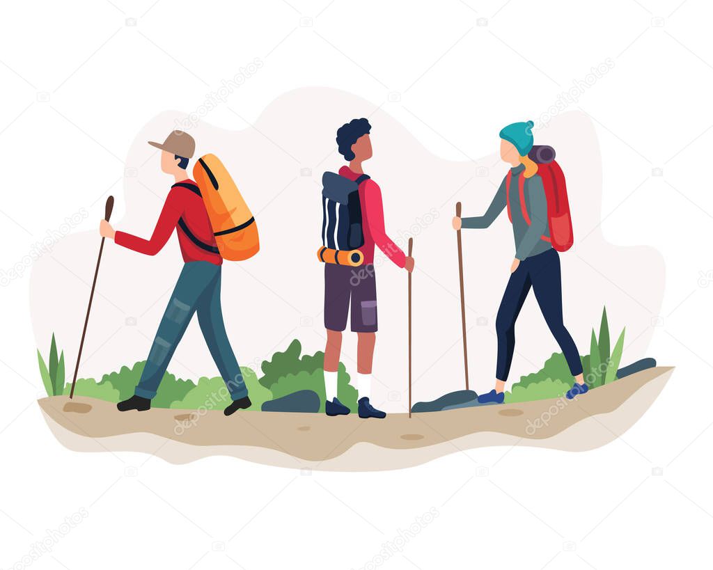 Vector illustration Outdoor activity hiking. Man and woman in outdoor mountain landscape. Holiday summer adventure in camping vector. Vector in flat style