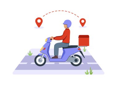 Şehir yolu boyunca arka kutulu kurye scooter kullanıyor. Teslimat servisi illüstrasyonu
