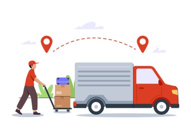 Kurye, teslimat kamyonunun yanında bir bebek taşıyan paketleri yükler. Teslimat servisi illüstrasyonu