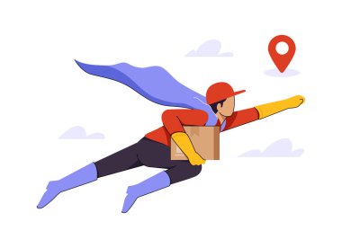 Pelerinli kahraman kurye paketi teslim etmek için hızla uçuyor. Teslimat servisi illüstrasyonu