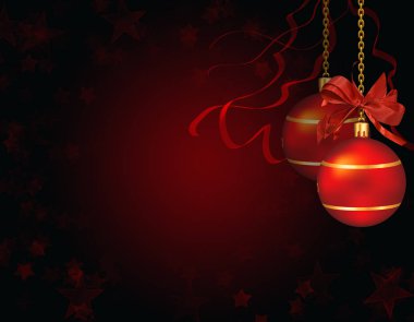Kırmızı Noel topları ve tebrik kartı olarak kar taneleri