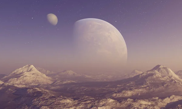 3D render uzay sanat: Alien Planet - A fantezi manzara, karlı dağlar