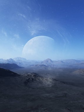 3D Yapılandırılmış Uzay Sanatı: Uzaylı Gezegeni - Mavi gökyüzü ve yıldızlı Fantezi Manzarası